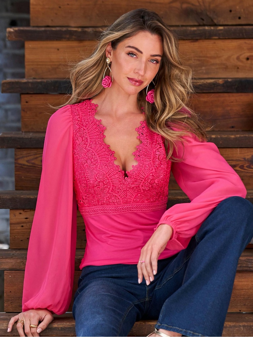 Boston Proper Scallop Lace Long Sleeve Top in Magenta Size Large